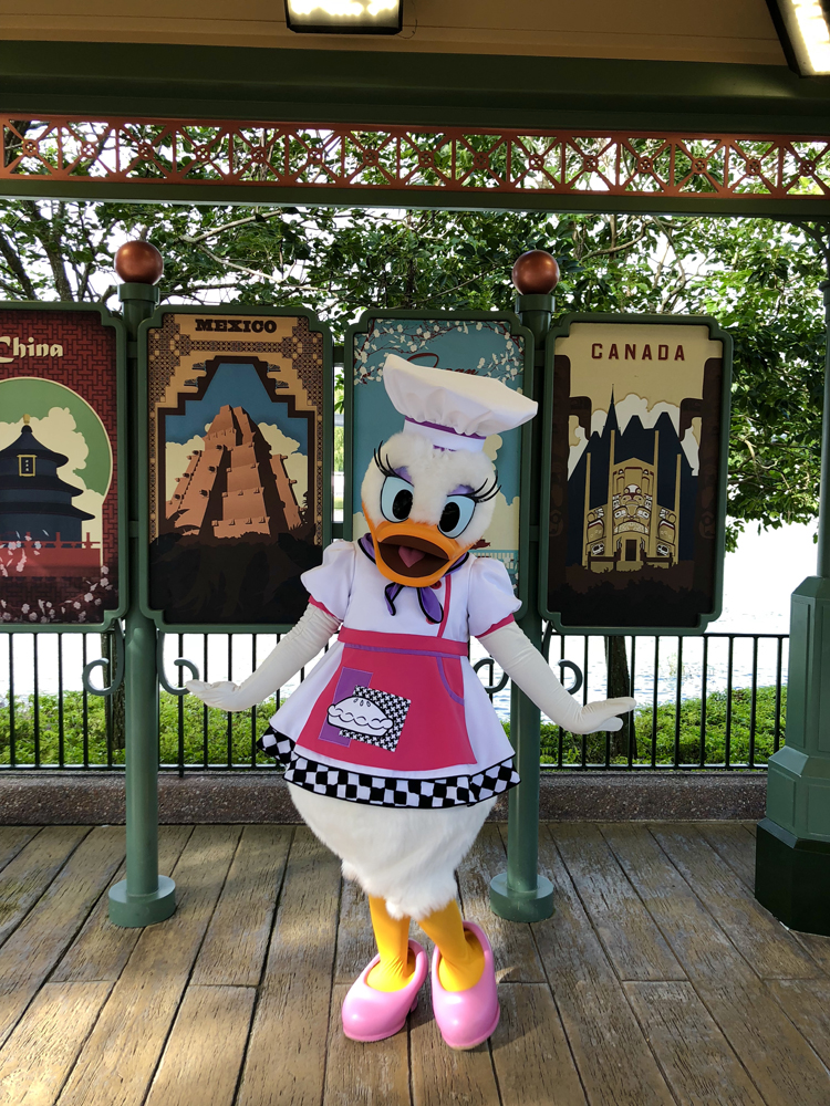 Daisy Duck with a white chef hat and a pink apron