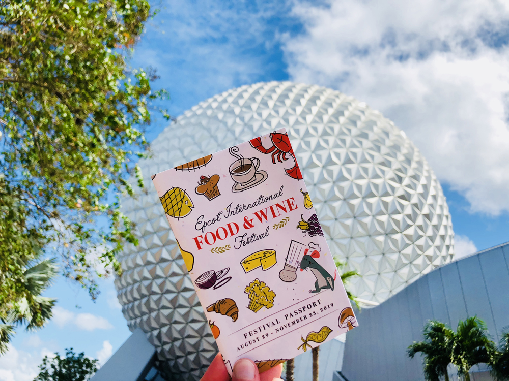 Colorful passport in front of Spaceship Earth with blue sky
