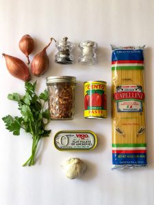 Various grocery items for making Caramelized Shallot Pasta Recipe