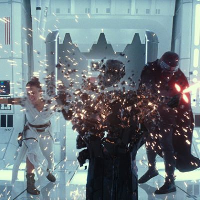 Women and Man with red and blue laser swords fighting in white background