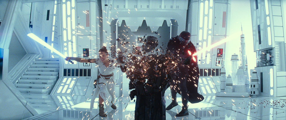 Women and Man with red and blue laser swords fighting in white background