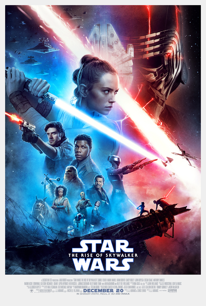 Blue and red with several people Star Wars movie poster